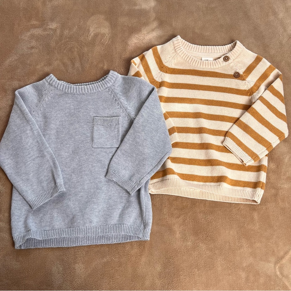 H&M Cotton Grey and Beige Striped Crew Neck Knit Baby Sweaters - Size 6M to 9M